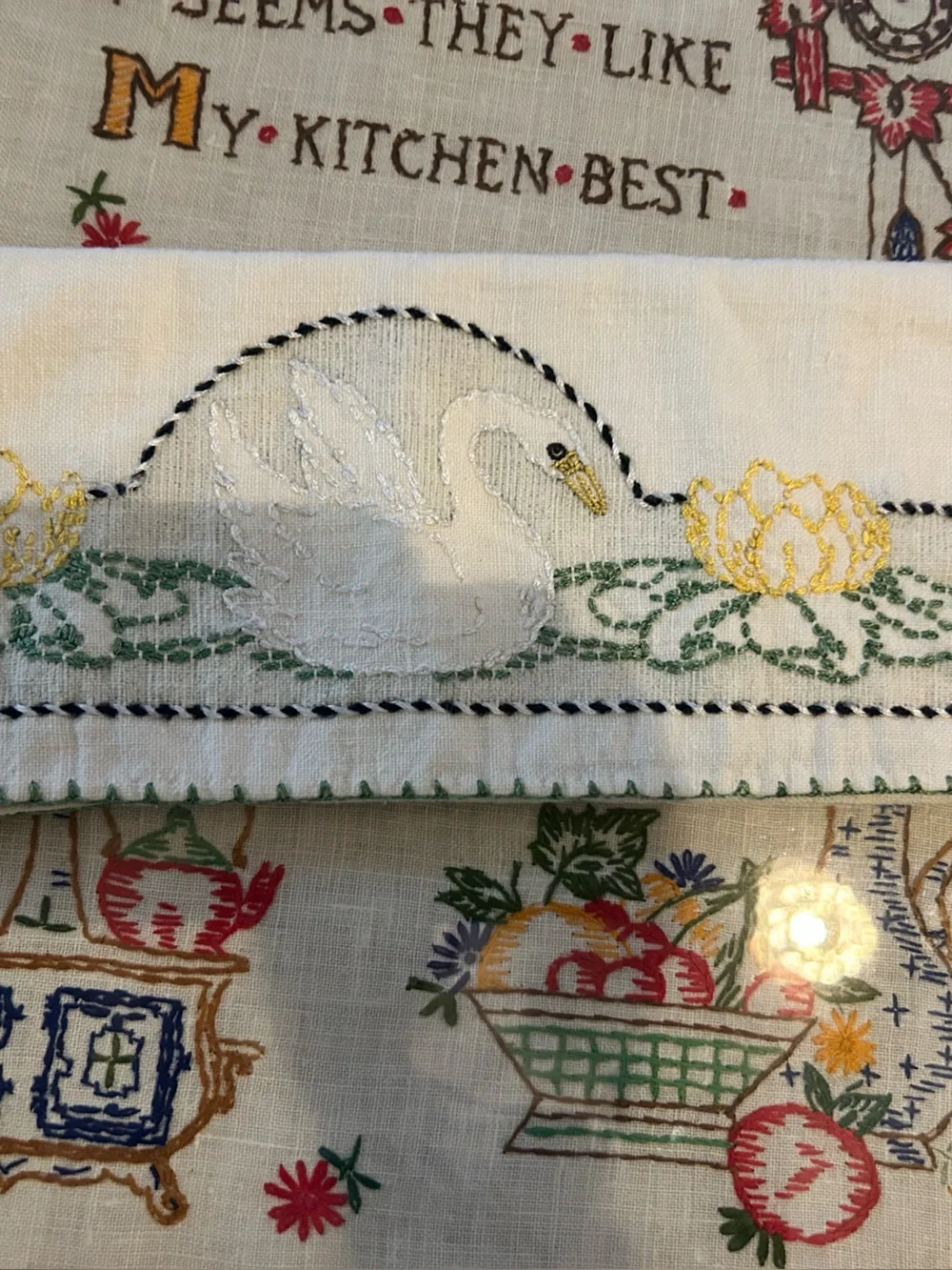 Vintage Embroidered Linen Tea Towel Swan Lotus Flowers